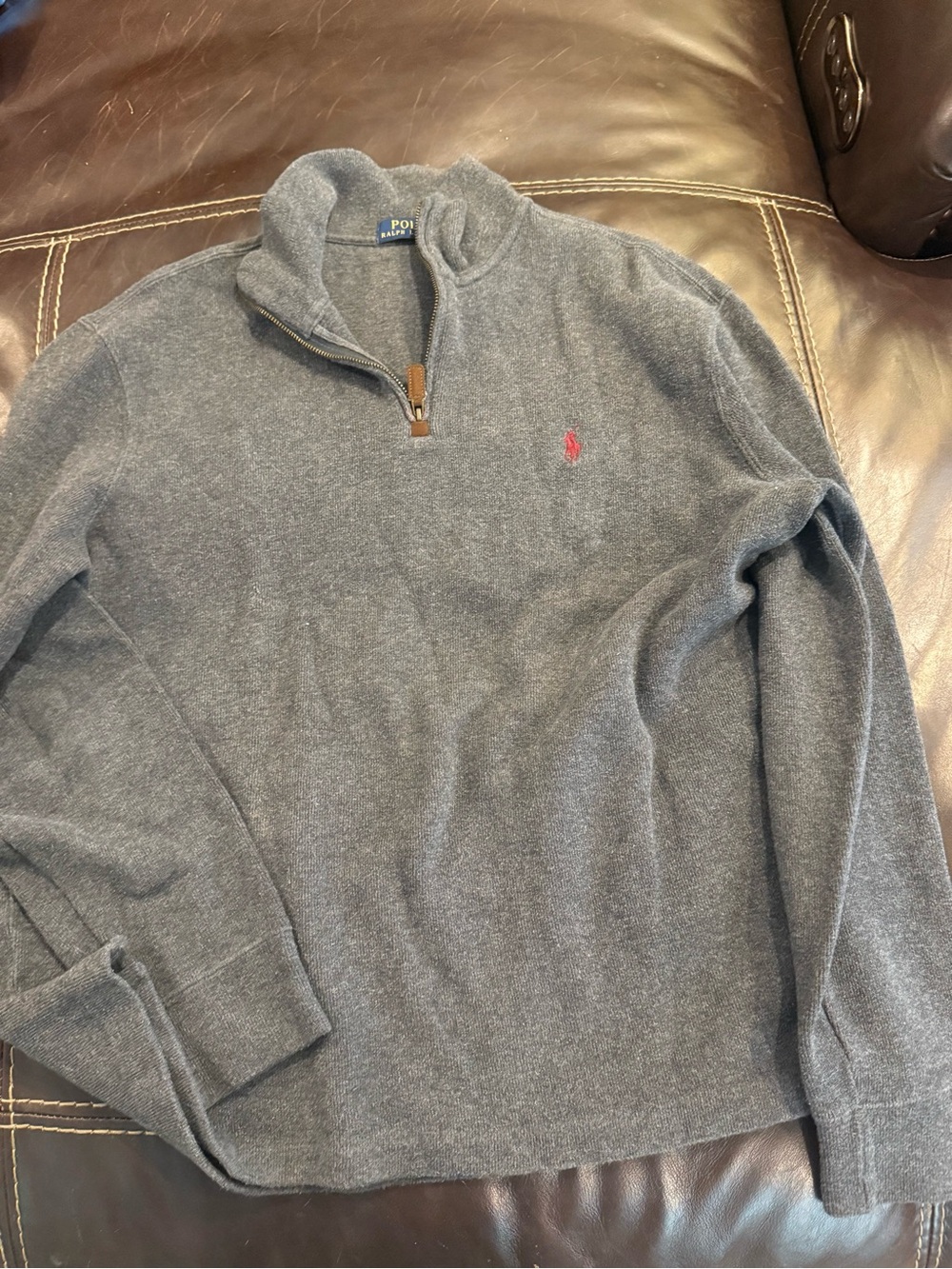 Ralph Lauren Men's Heather Gray Quarter-Zip Sweater Red Polo Logo mens medium